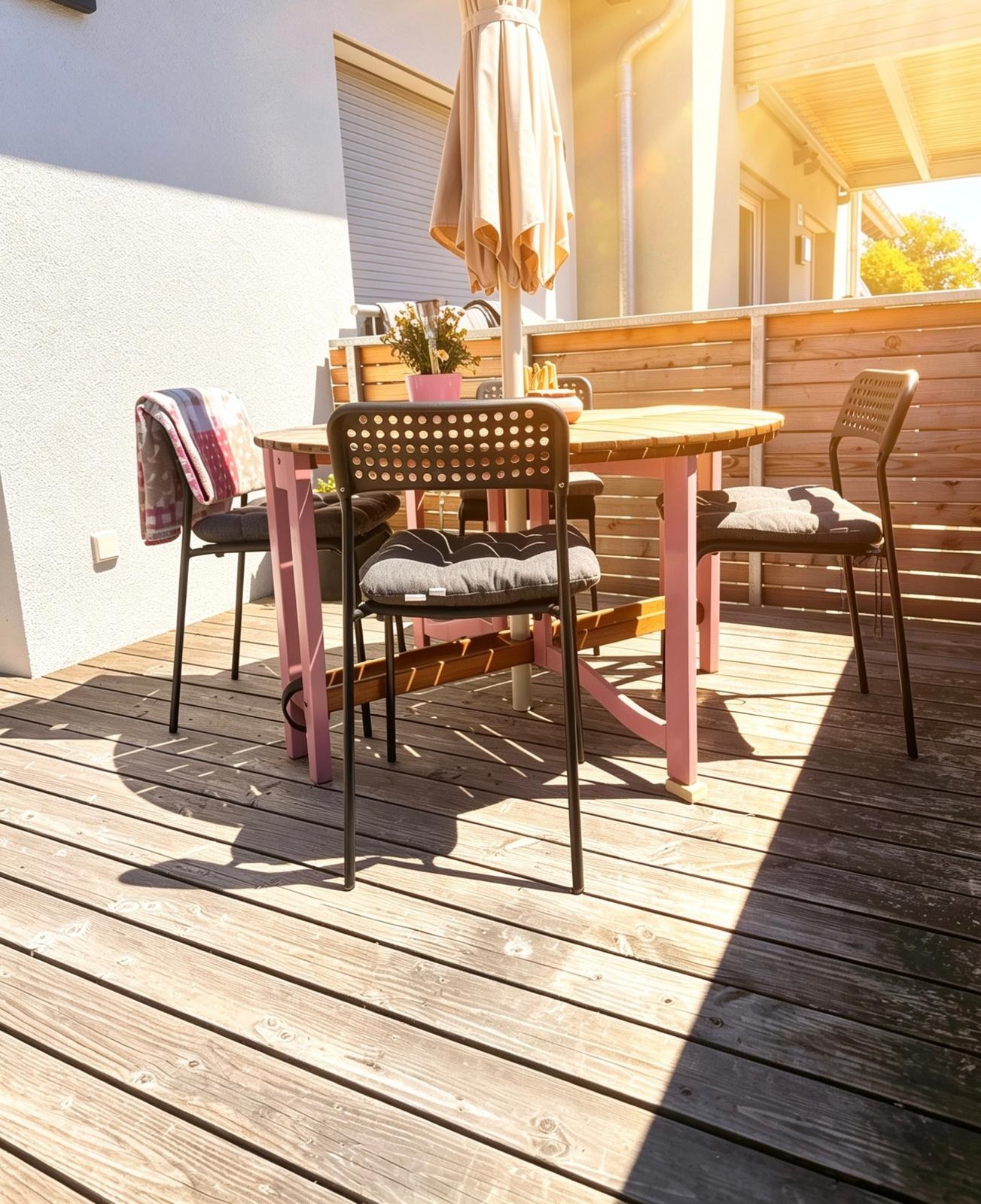 Sonniger Balkonplatz mit Holztisch, Stühlen und Pflanzen