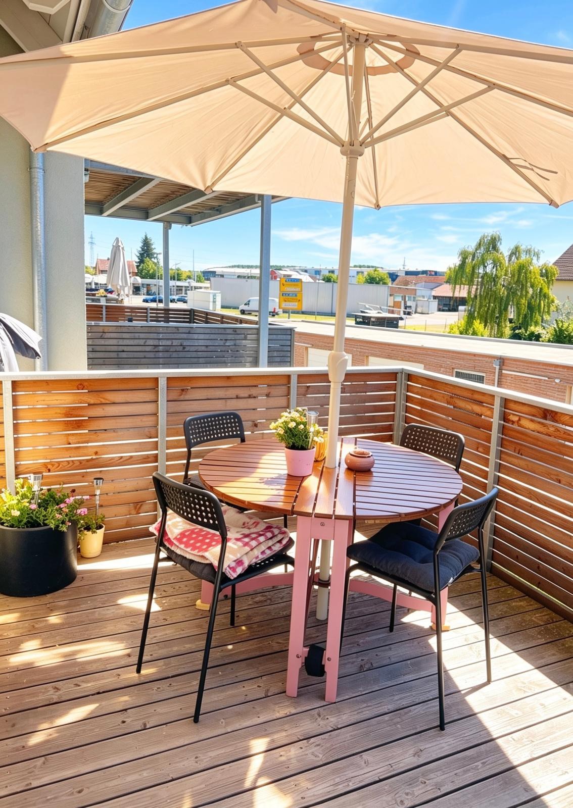 Privater Balkon mit rundem Tisch und weitem Blick über Schlungenhof