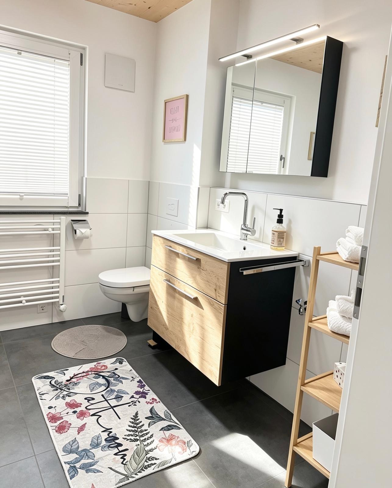 Helles modernes Badezimmer mit Waschtisch, Toilette und Dusche