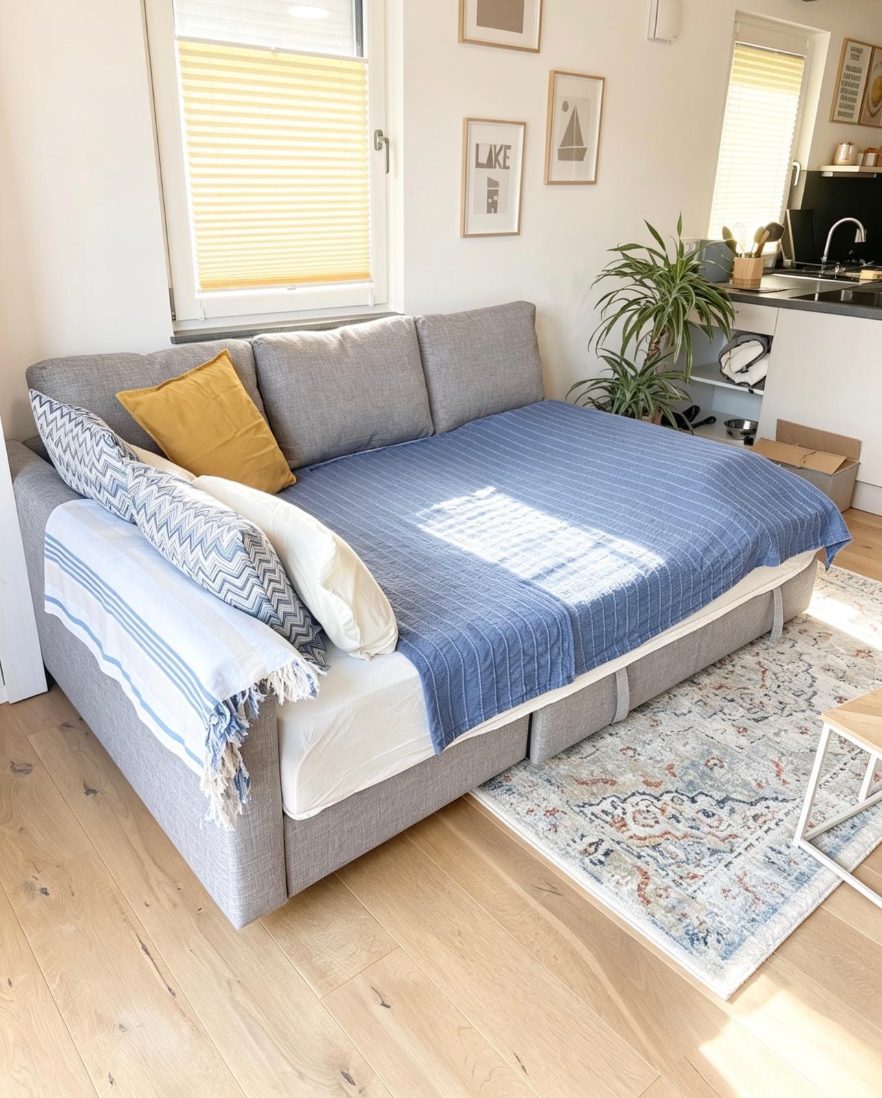 Ausgezogenes Schlafsofa mit blauer Tagesdecke und gelben Kissen